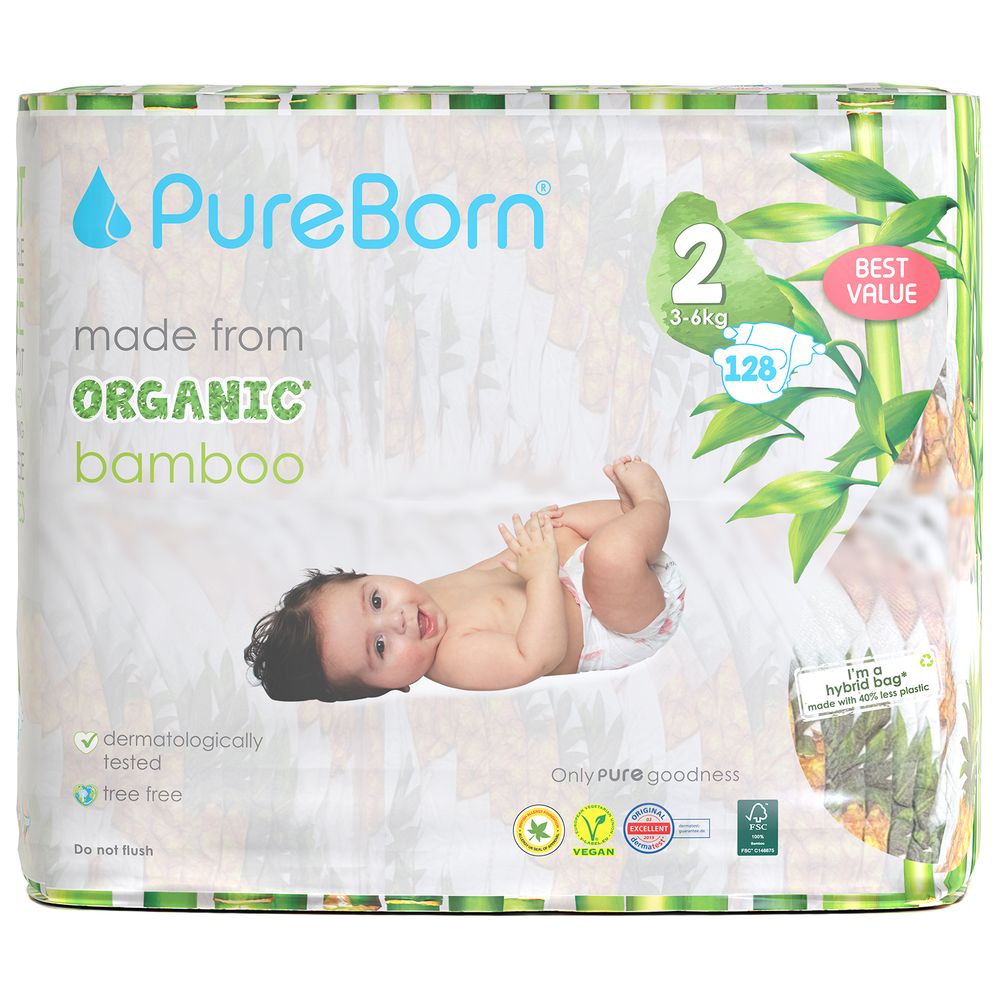 Pureborn - Value Pack Nappies 3-6kg Size 2 - 128pcs - Pineapple
