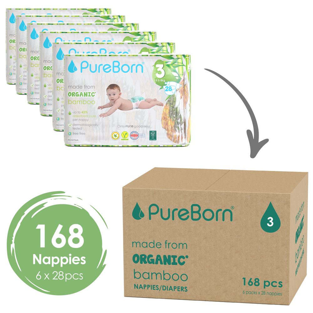 Pure Born - Size 3 Singles 5.5-8kg 28 Nappy 1 x 6 Bundle - Assorted