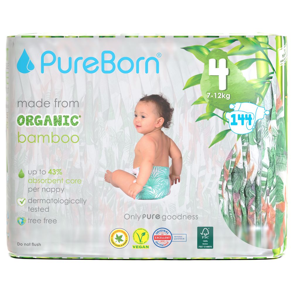 Pure Born Size 4 Singles 7-12kg 24 Nappy 1 x 6 Bundle - Assorted