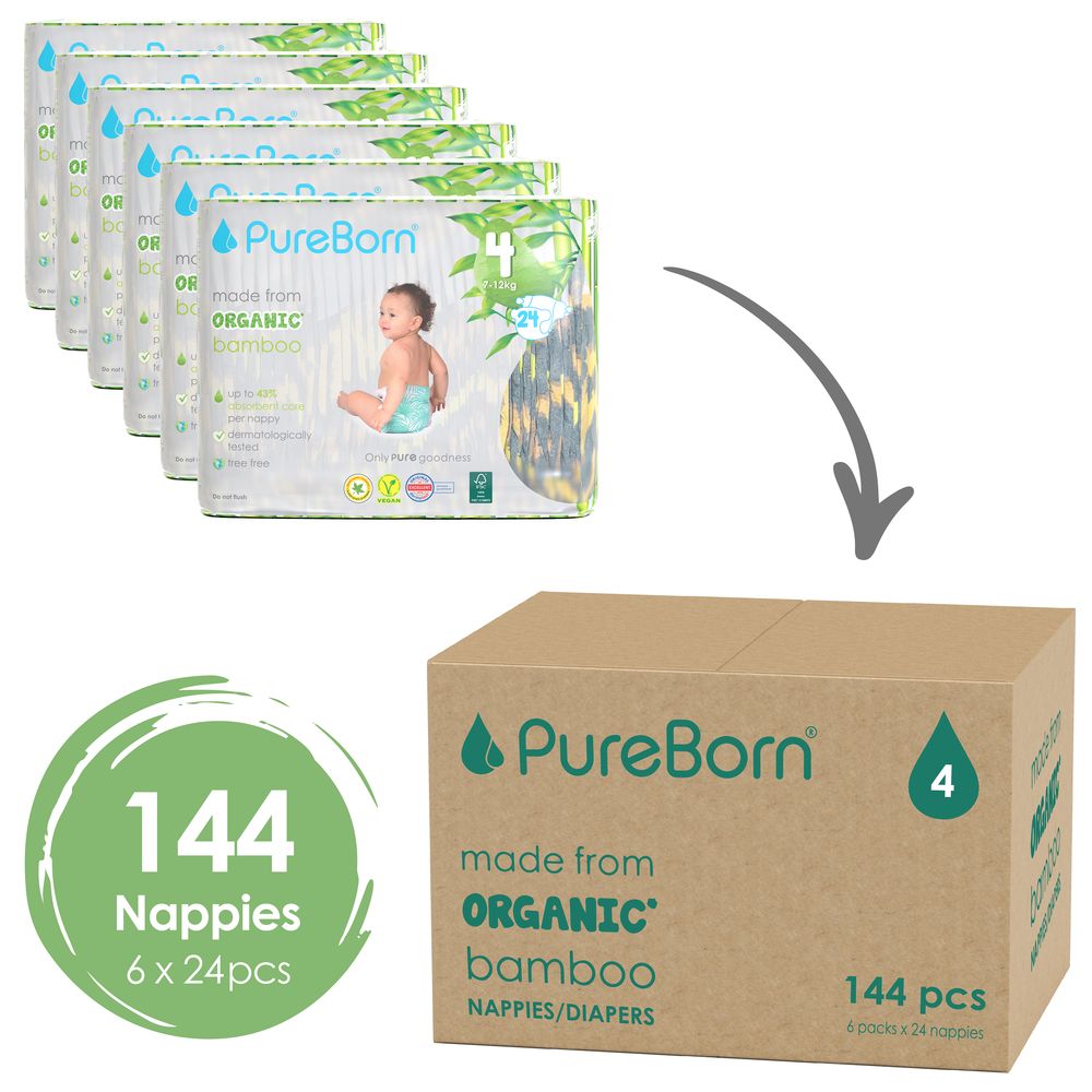 Pure Born Size 4 Singles 7-12kg 24 Nappy 1 x 6 Bundle - Assorted