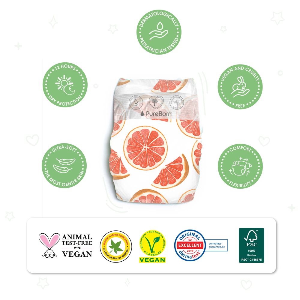 Pure Born Size 4 Singles 7-12kg 24 Nappy 1 x 6 Bundle - Assorted