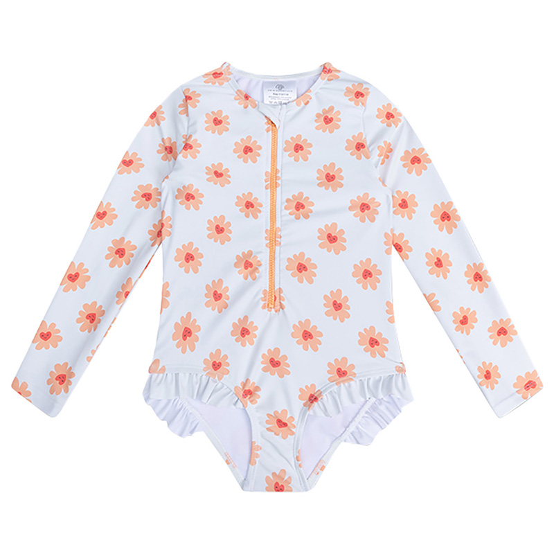 Swim Essentials - Flower Hearts All Over Girls Swimsuit - White/Orange