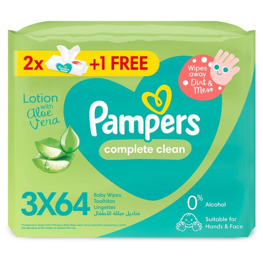 بامبرز- مناديل تنظيف كاملة للأطفال مع لوشن الألوفيرا- عبوة 2+1- 192 منديل