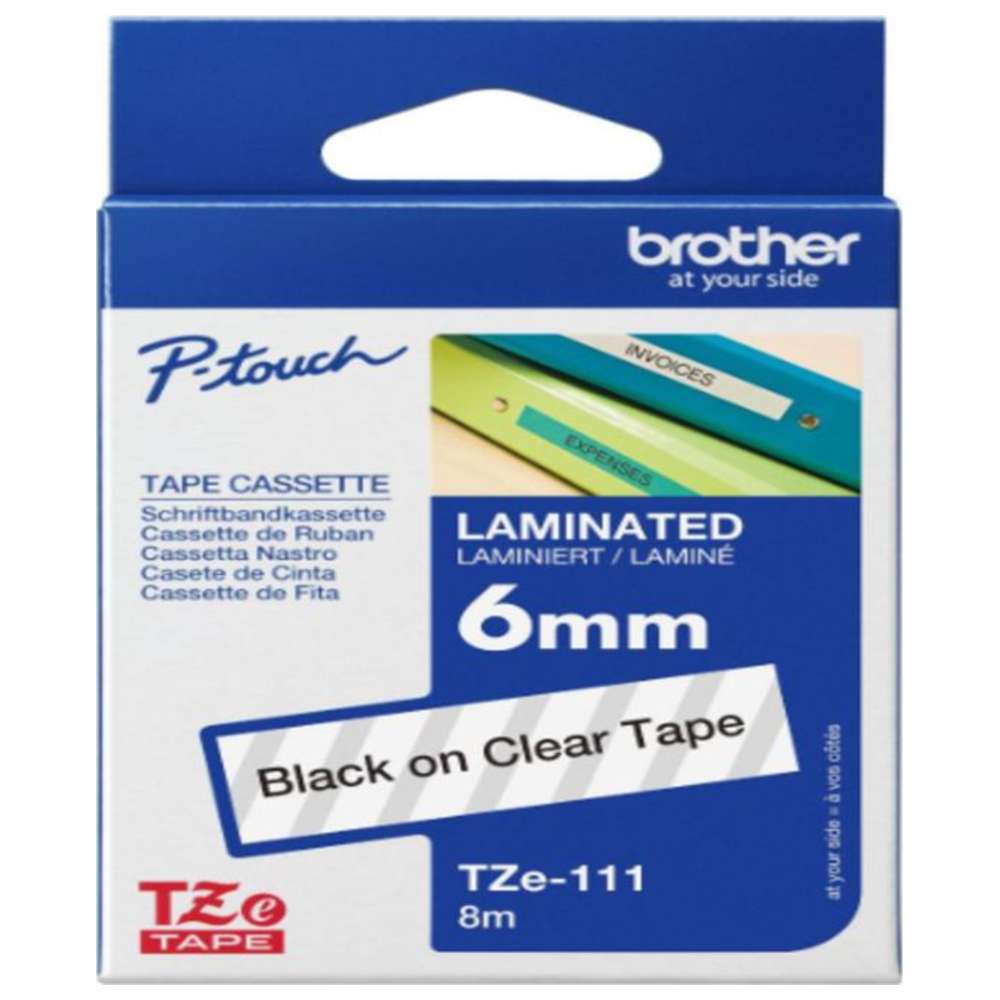 Brother - 6mm Black On Clear Laminated Label Tape TZE-111