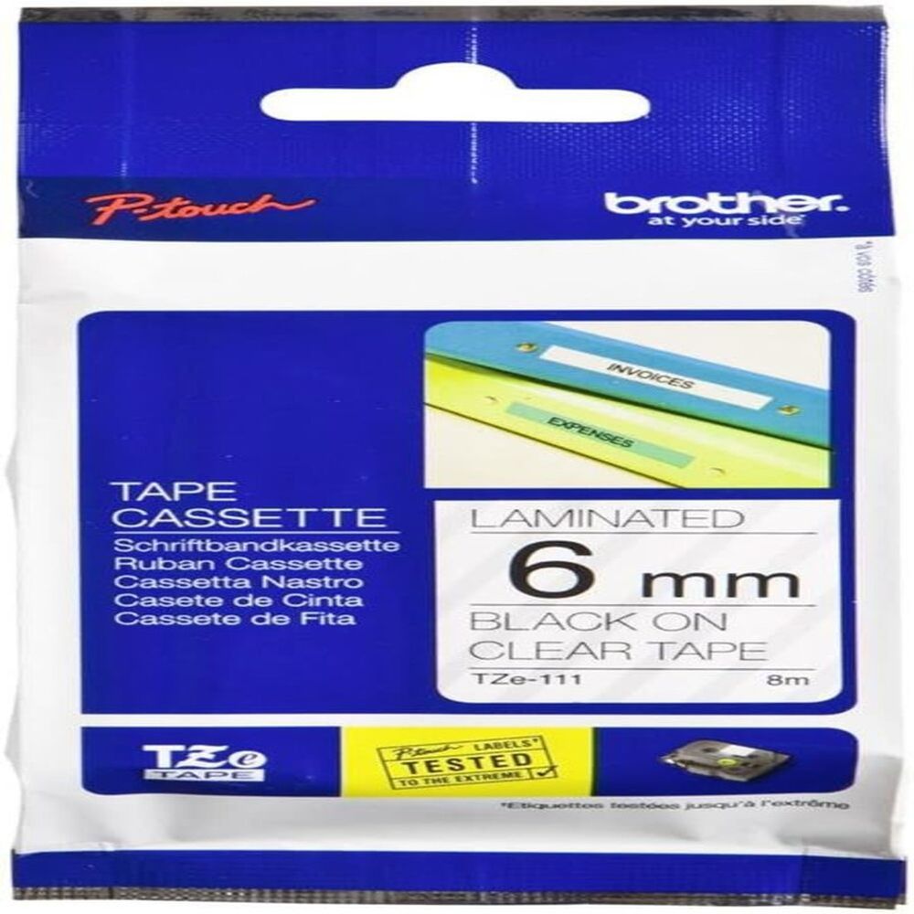 Brother - 6mm Black On Clear Laminated Label Tape TZE-111
