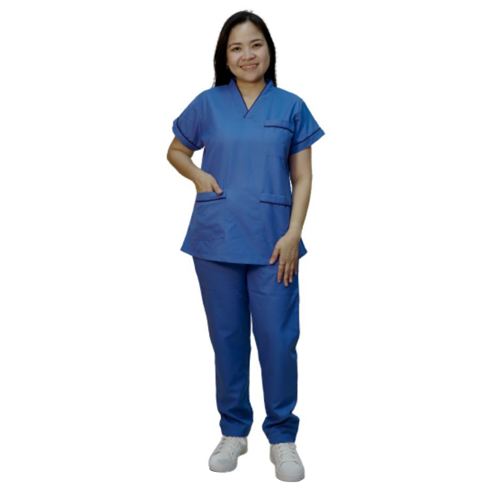 Veronica - 2pc-Set - Scrub Uniform With Piping Neckline - Blue