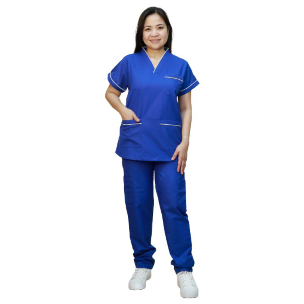 Veronica - 2pc-Set - Scrub Uniform With Piping Neckline - Klien Blue