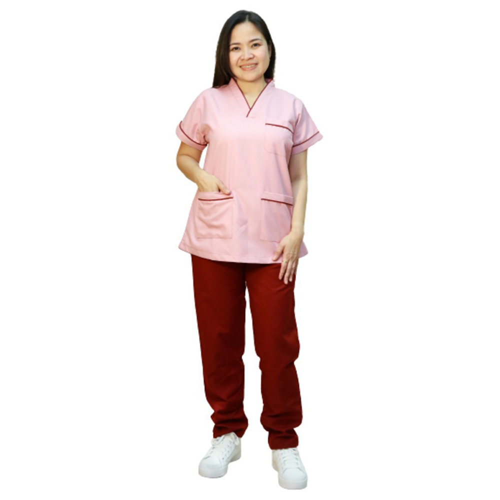 Veronica - 2pc-Set - Scrub Uniform With Piping Neckline - Pink/Maroon