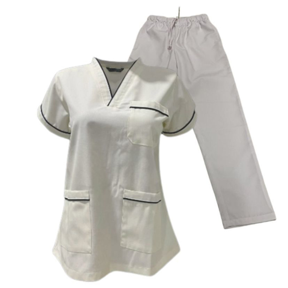 Veronica - 2pc-Set - Scrub Uniform With Piping Neckline - White