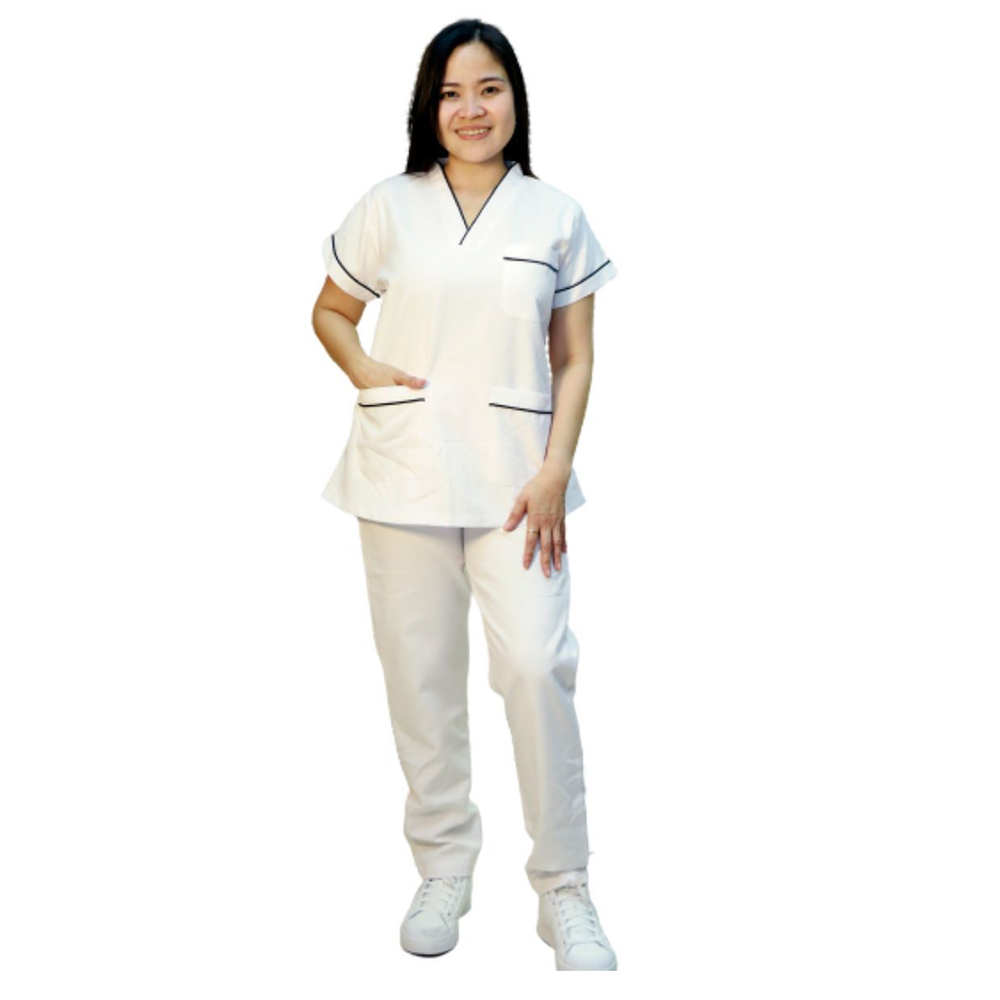Veronica - 2pc-Set - Scrub Uniform With Piping Neckline - White