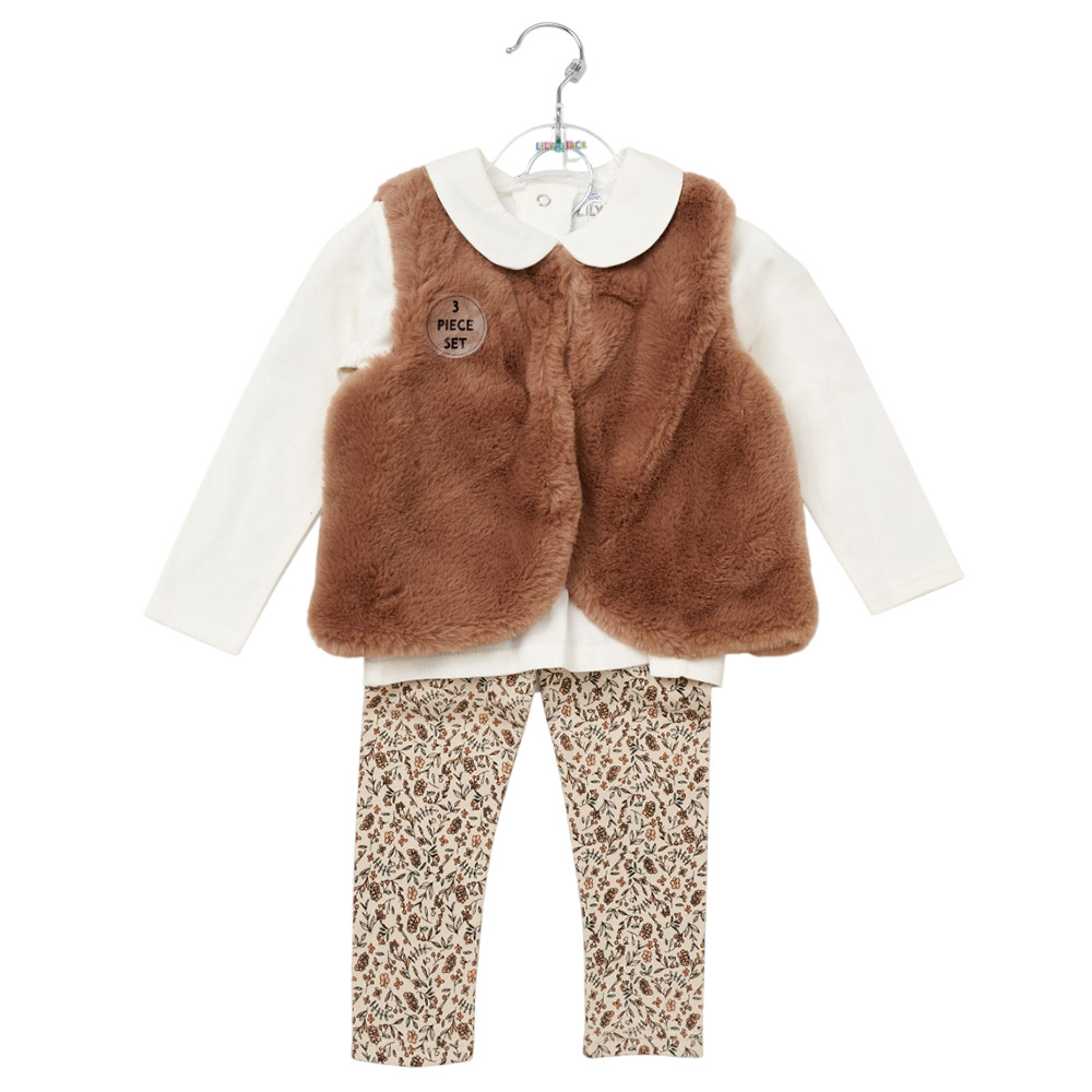 Lily & Jack - 3pc-Set - Baby Girl Top With Pants & Waist Coat - Brown/White