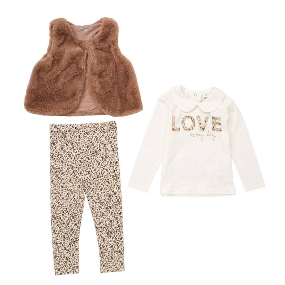 Lily & Jack - 3pc-Set - Girl's Top With Pants & Waist Coat - Brown/White