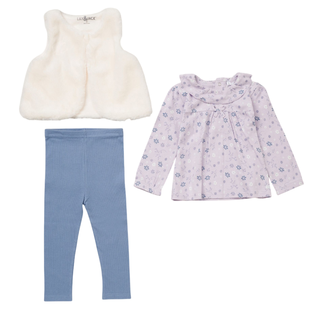 Lily & Jack - 3pc-Set - Baby Girl Top With Pants & Waist Coat - Blue/White