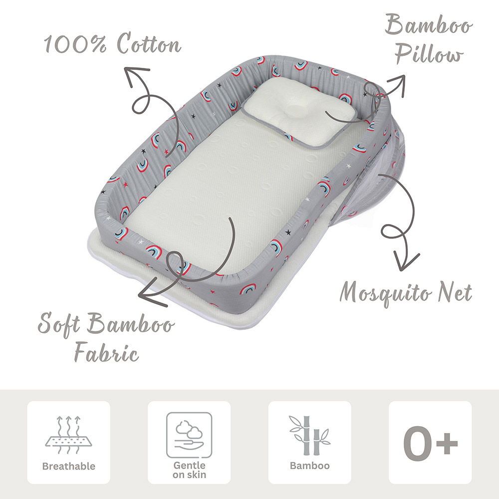 White&Grey - Baby Bed With Soft Tencel Padding - Rainbow