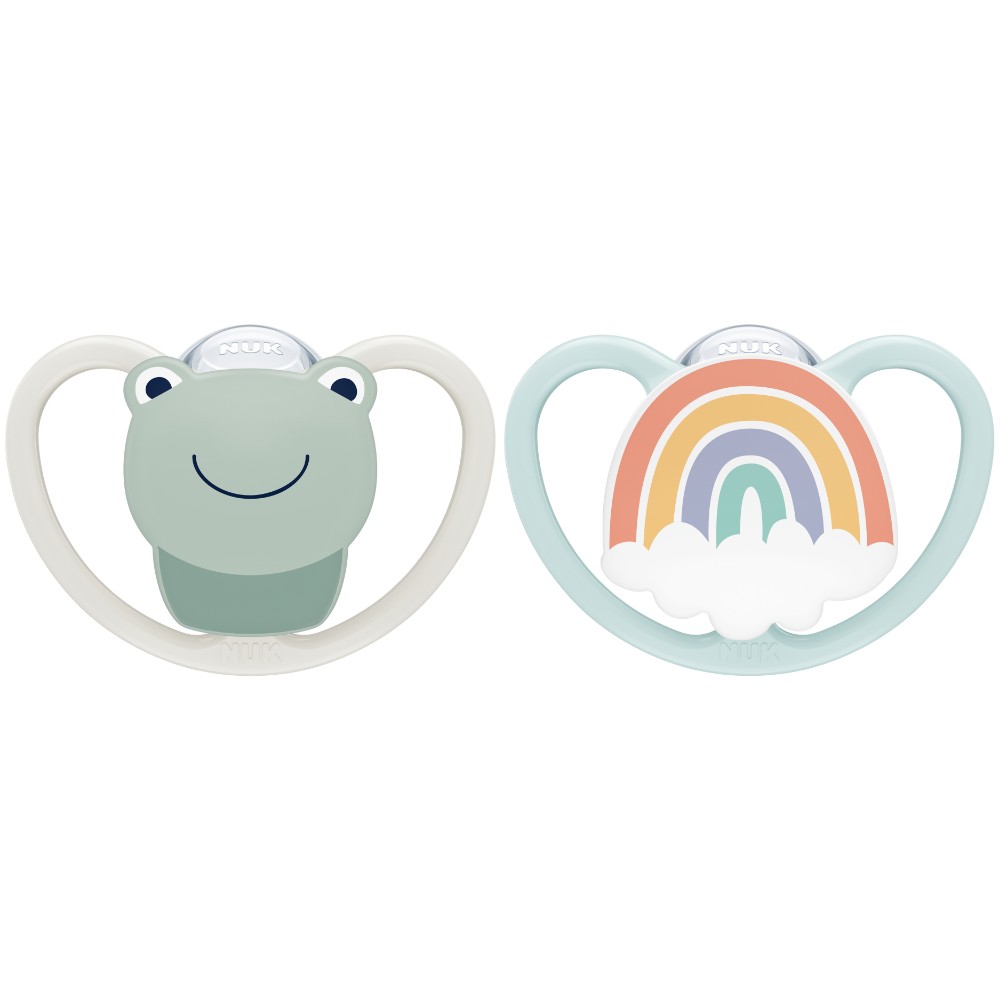 NUK - Animals Space Silicone Soother 0-6m 2pc - Elephant & Rainbow