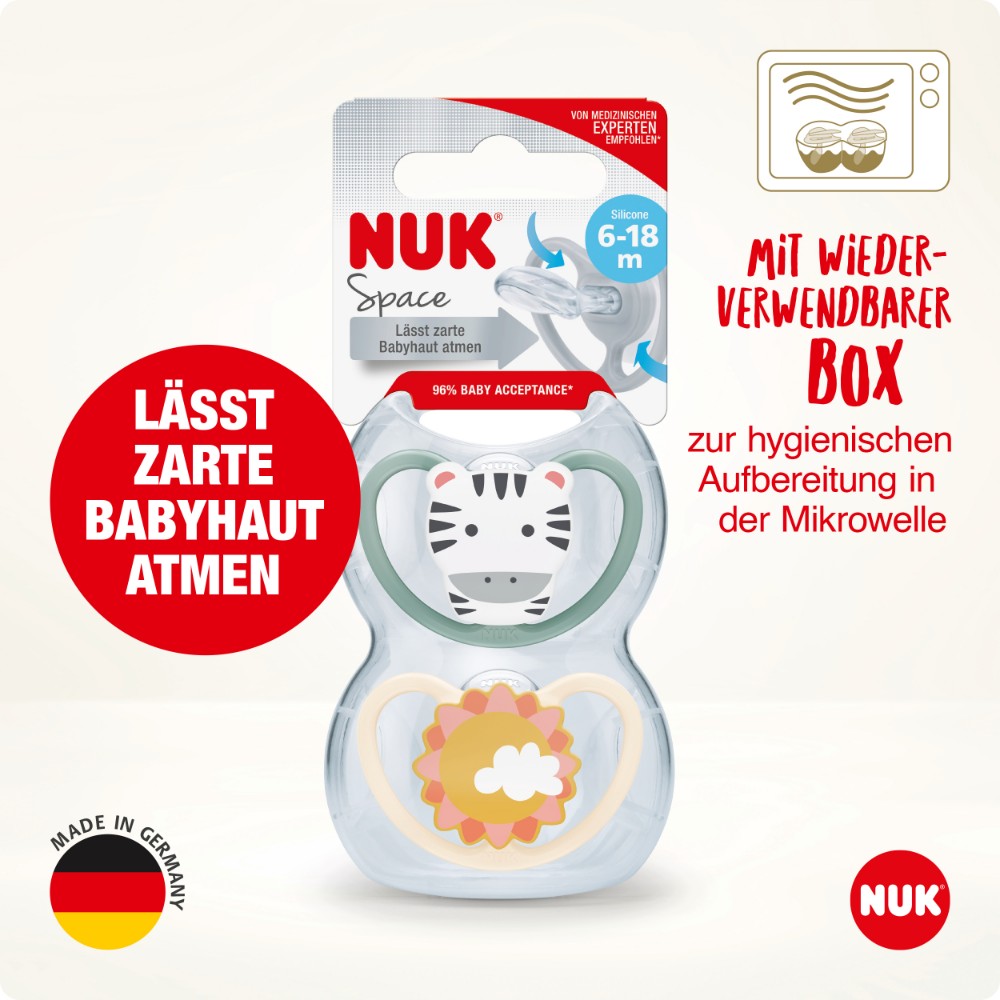 NUK - Animals Space Silicone Soother 6-18m 2pc - Cat & Sun