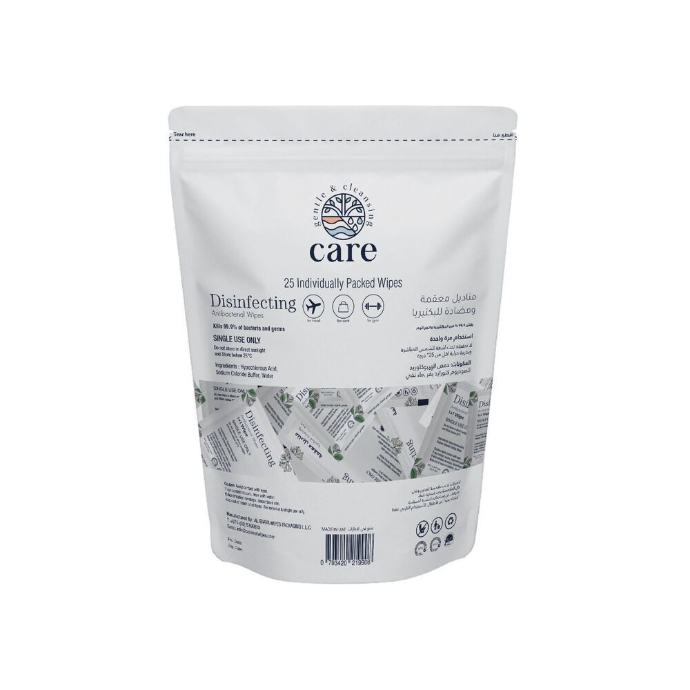Care - 100% Natural Disinfecting Antibacterial Single Wipes 25Pcs