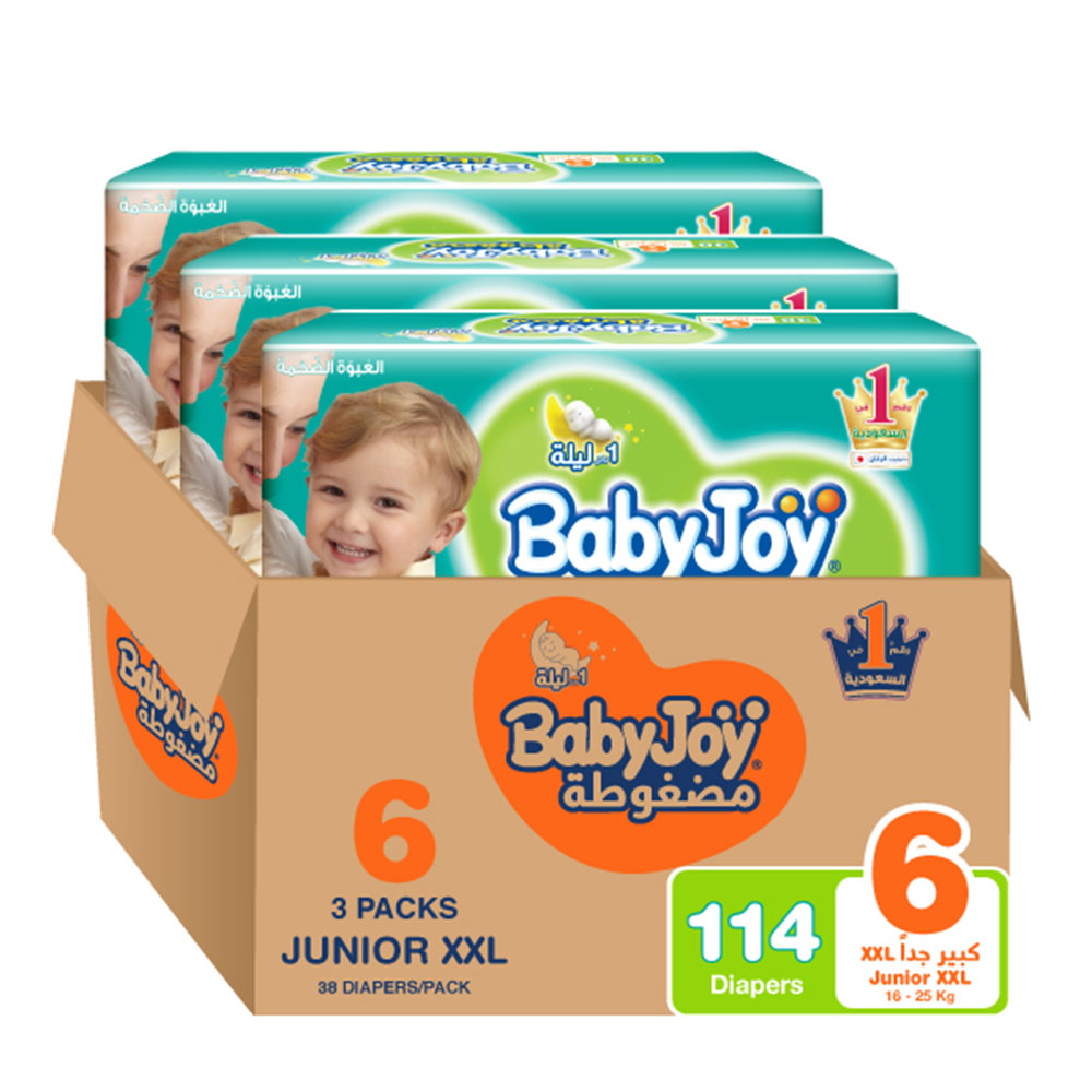 Babyjoy Compressed Diamond Pad Diaper, Mega Pack Junior XXL Size 6, Count 114, 16+kg
