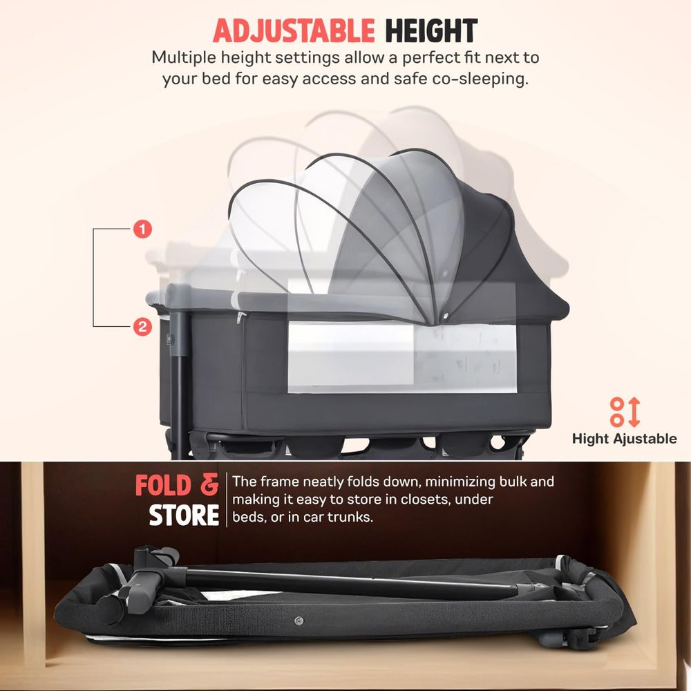 بايبي - سرير أطفال قابل للطي 3 في 1 مع عجلات - رمادي
