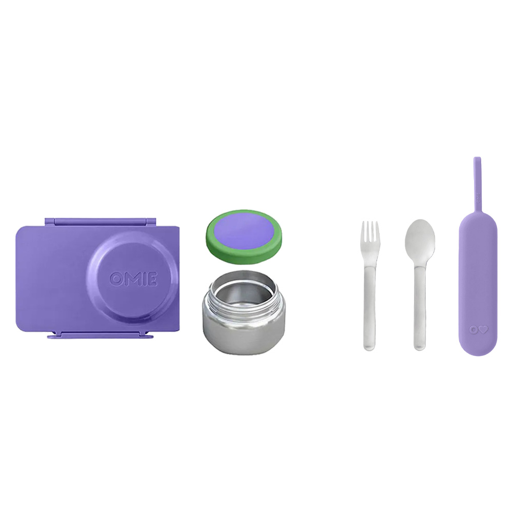 أومي بوكس - صندوق غداء بينتو من قسمين مع ترمس، كيس ثلج، ومجموعة أدوات مائدة - بنفسجي - 6 قطع