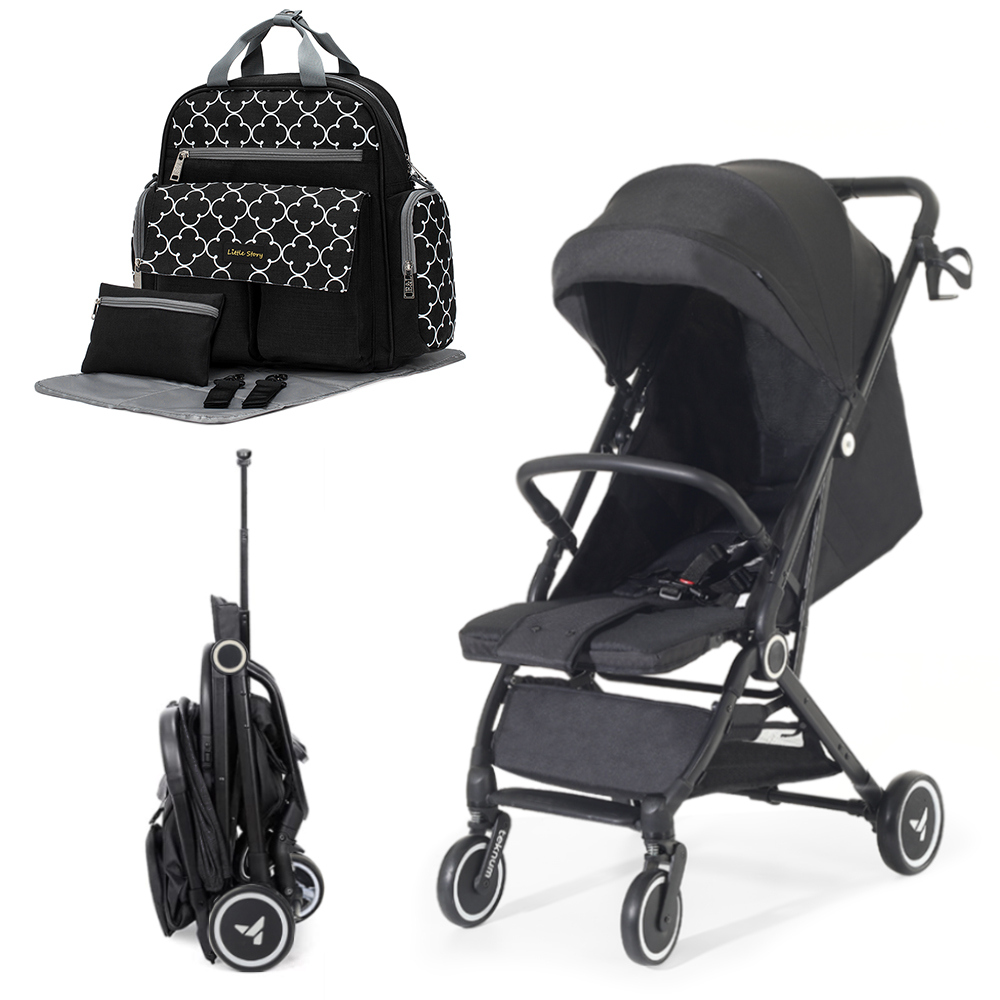 تكنوم - عربية أطفال للسفر مع شنطة ظهر للحفاضات قابلة للتحويل - أسود