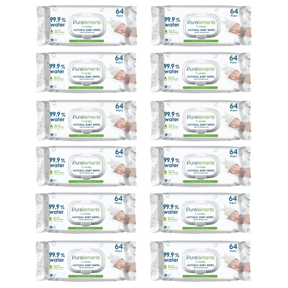 Purelements - Aloe Vera Waterwipes For Soothing Sensitive Skin - Pack Of 12 - 768 Pcs