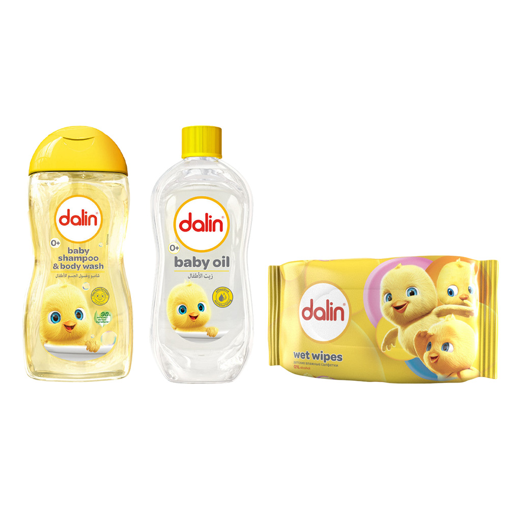 دالين - مجموعة حصرية من غسول الجسم والزيت والمناديل المبللة - 3 قطع