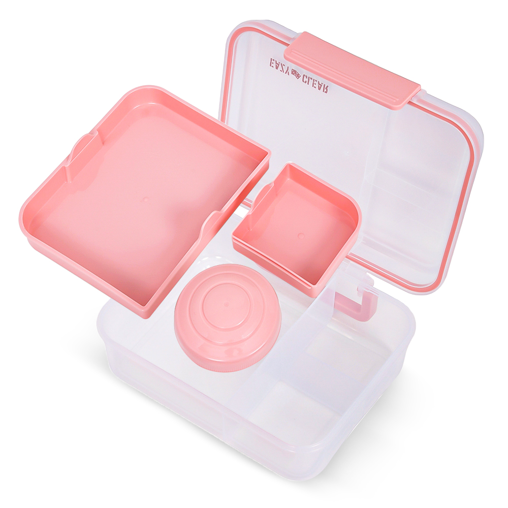 Eazy Kids - 5 Compartment Bento Convertible Lunch Box With Gravy Bowl - Pink