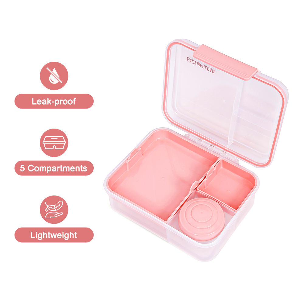 Eazy Kids - 5 Compartment Bento Convertible Lunch Box With Gravy Bowl - Pink