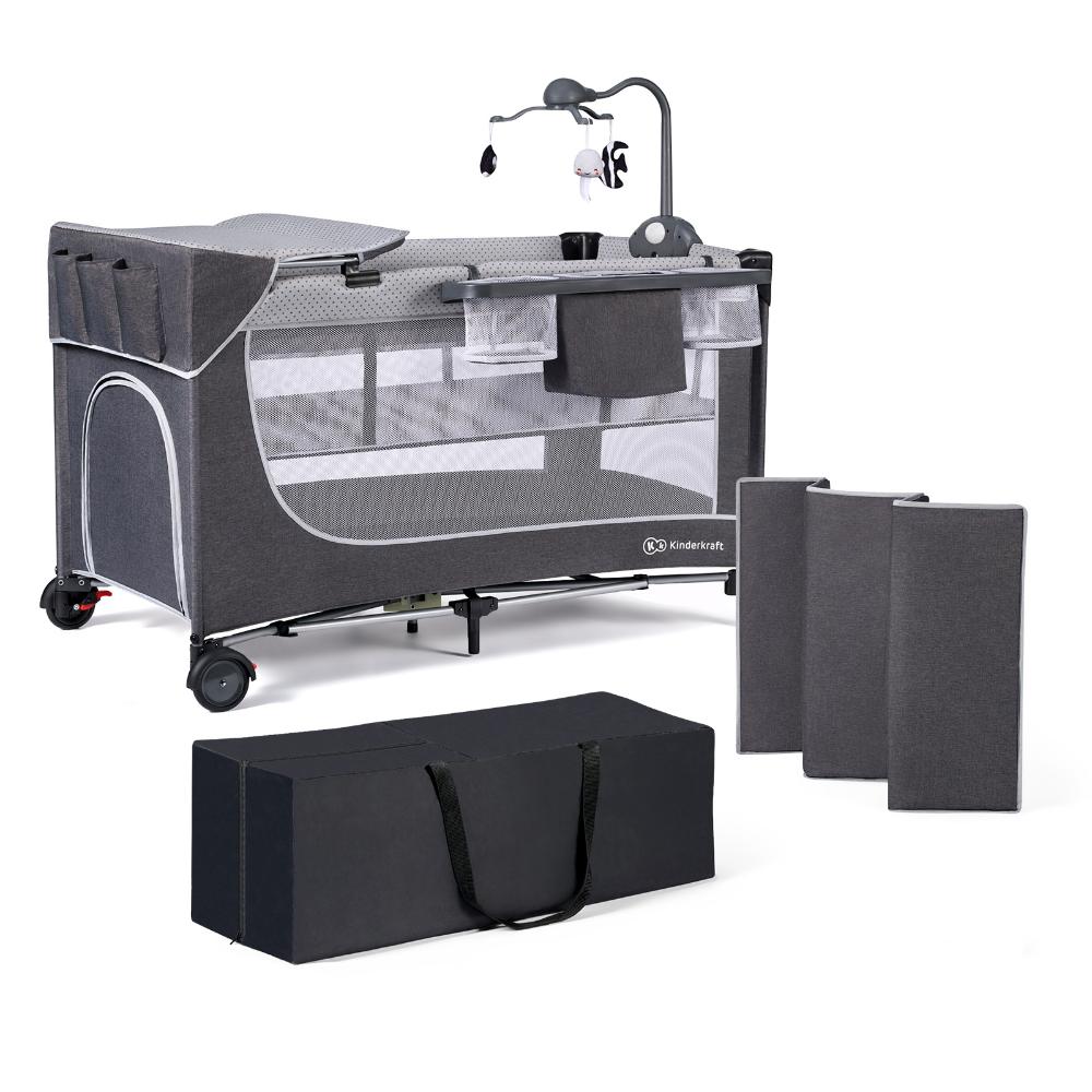كيندر كرافت - مهد المواليد للسفر ليودي + اكسسوارات - رمادي
