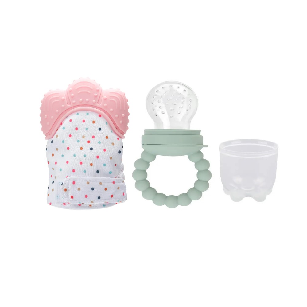 Pikkaboo - Chew & Feed Teether With Fruit Pacifier Duo - Pink