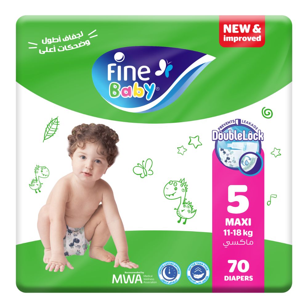 Fine Baby Diapers, DoubleLock Technology, Size 5, Maxi 11-18kg, Mega Pack, 70 Count