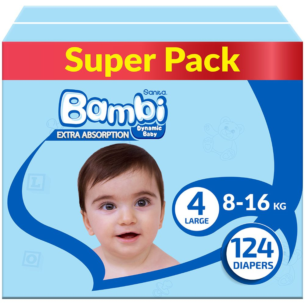 Sanita Bambi - Baby Diapers Super Pack Size 4 Large 8-16 KG 124 Count