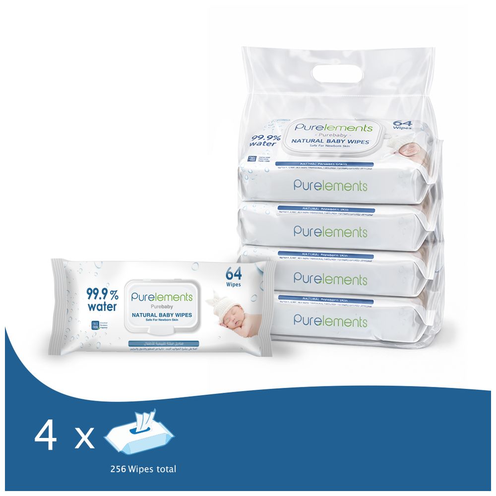 Purelements Natural 99.9% Water Wipes Pack of 4 - 256pcs