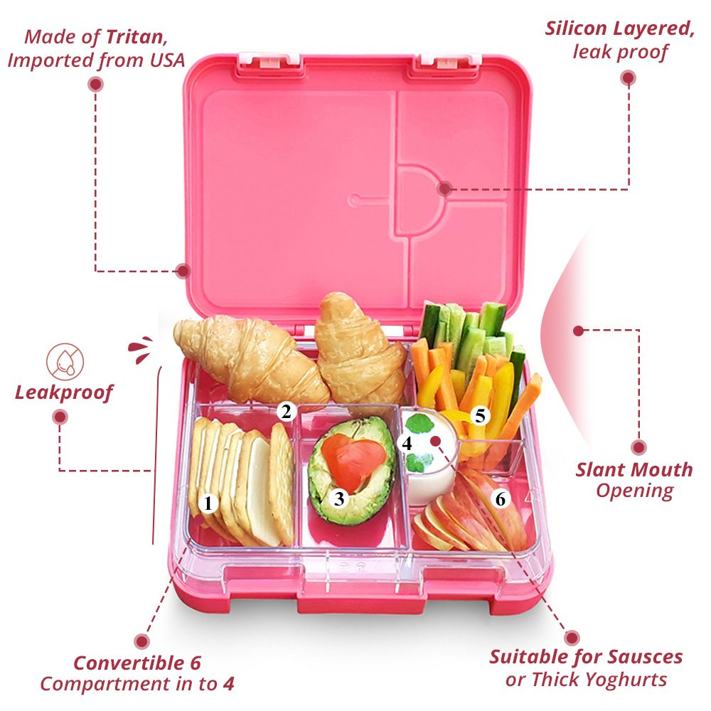 Eazy Kids 6 & 4 Convertible Bento Lunch Box with sandwich cutter- Unicorn Pink