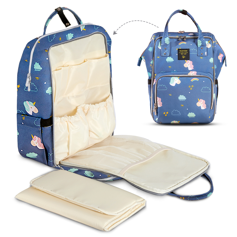 Sunveno - Stylish Diaper Travel Backpack XL with Stroller Straps & Changing Pad-Unicorn Blue