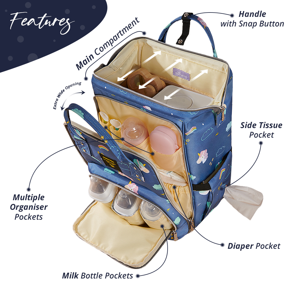 Sunveno - Stylish Diaper Travel Backpack XL with Stroller Straps & Changing Pad-Unicorn Blue