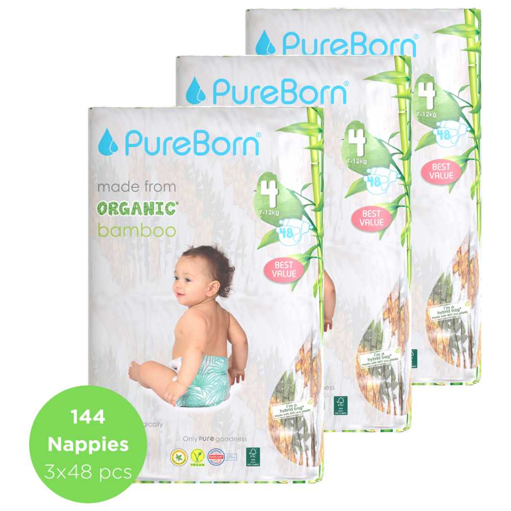 Pure Born - Double Pack Nappy - Size 4 - 7-12kg - 48's x 3 Bundle - Assorted