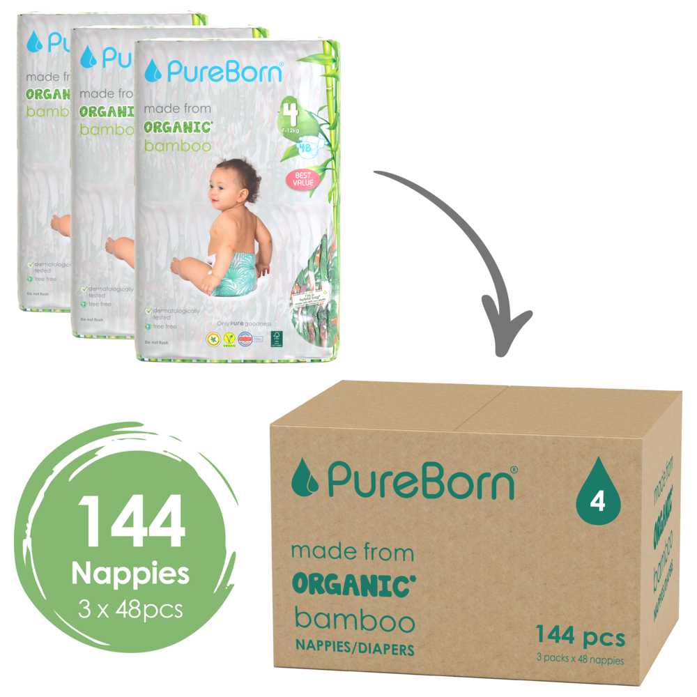 Pure Born - Double Pack Nappy - Size 4 - 7-12kg - 48's x 3 Bundle - Assorted