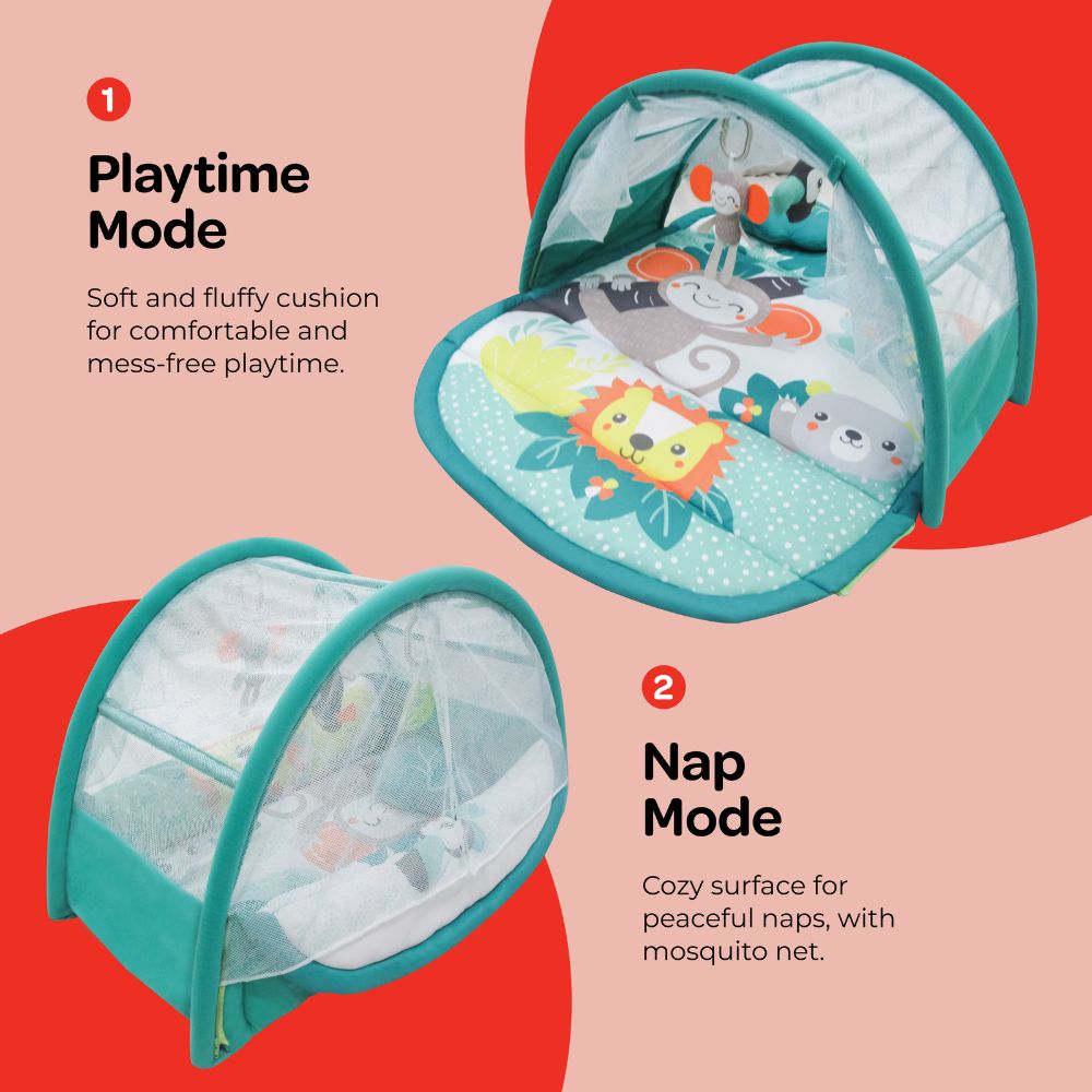 Moon - 2-In-1 Nap & Play Travel Floor Mat with Mosquito Net - Green