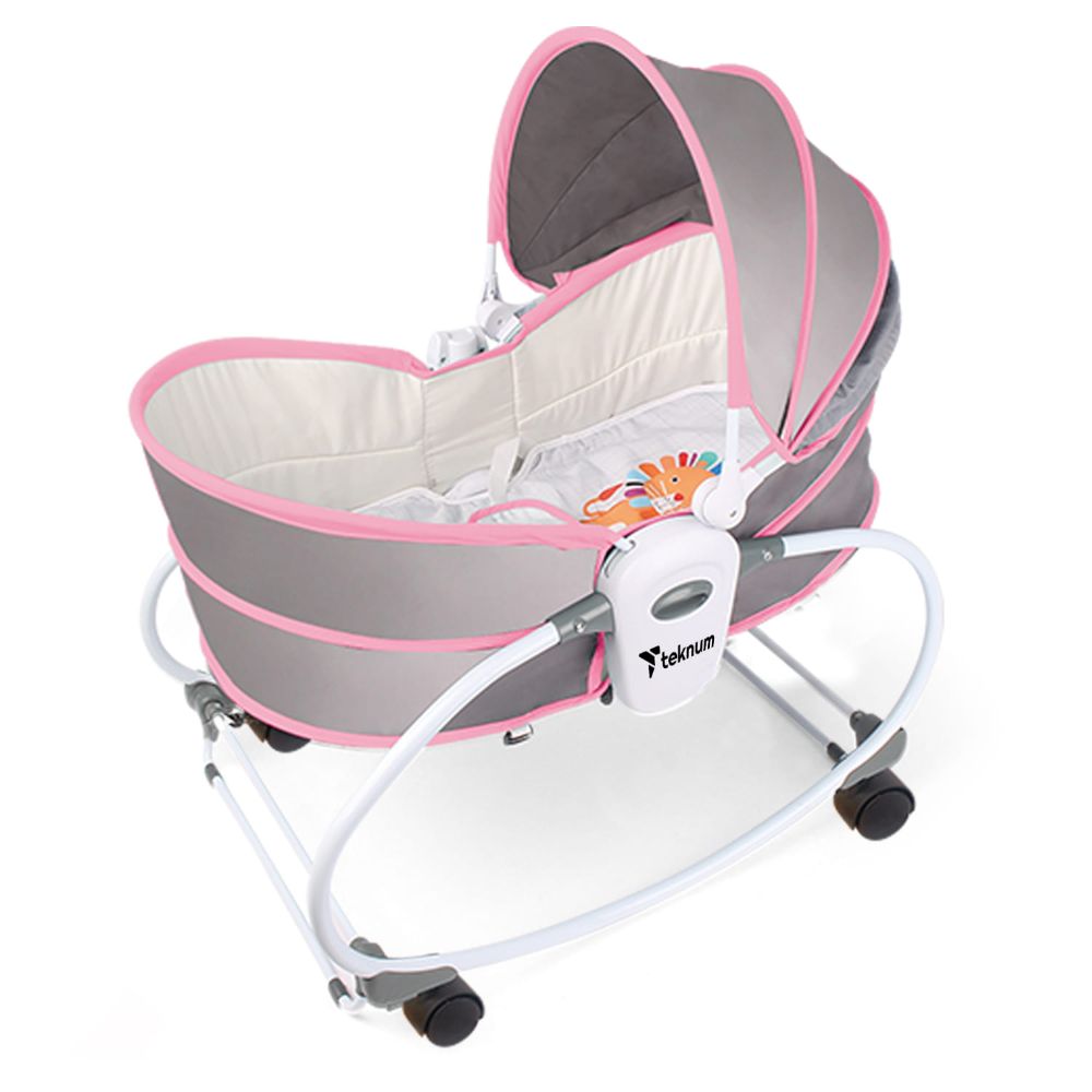 Teknum - 5-in-1 Cozy Rocker Bassinet with Awning & Mosquito Net - Pink