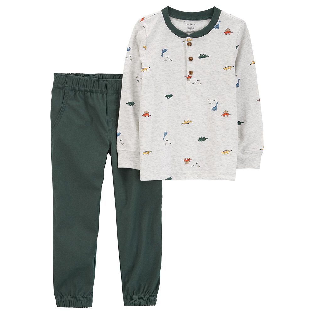 Carters 2pc Set Dinosaur Henley Tee Joggers Grey Green