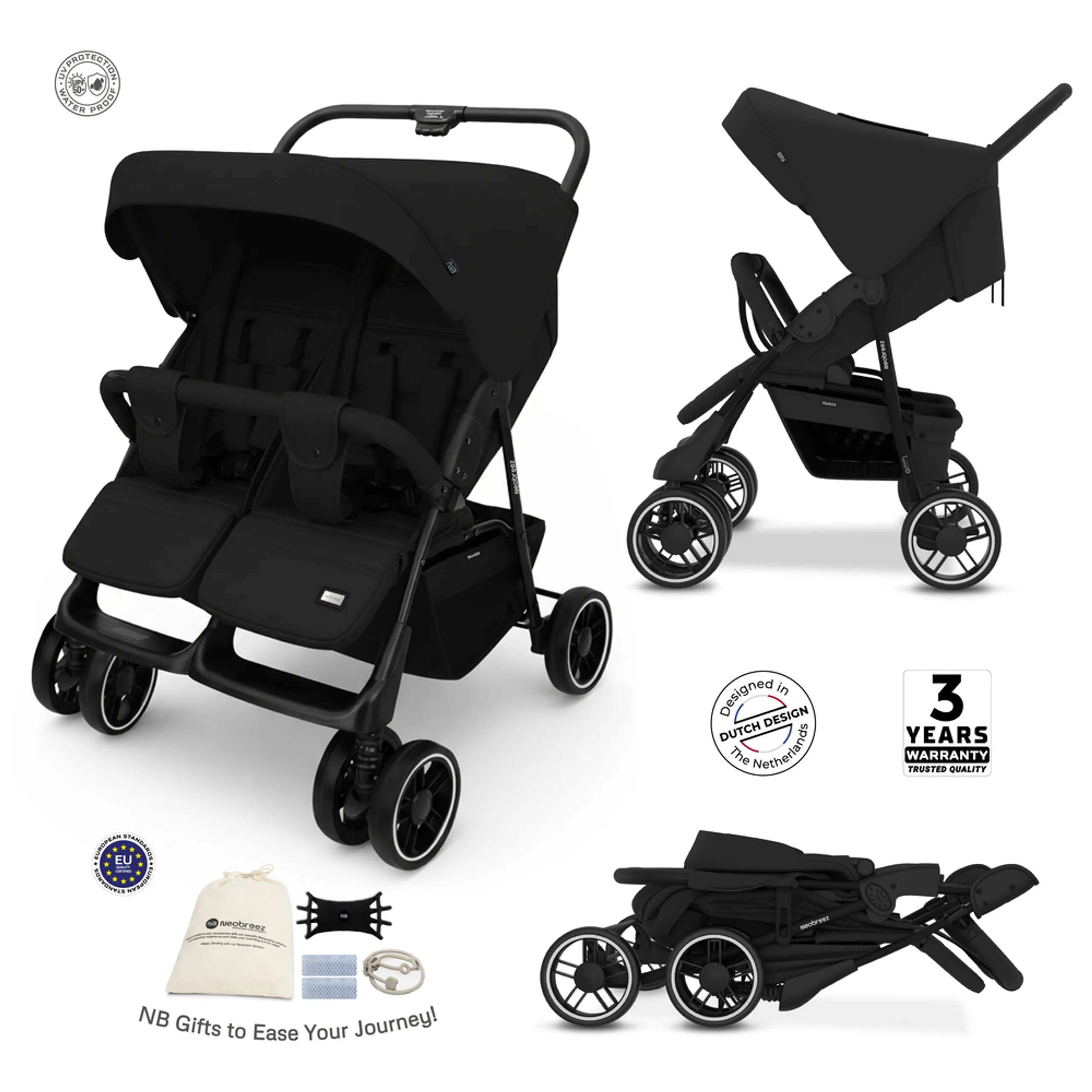 Neobreez - Duadx Double Stroller Twin Stroller - Black