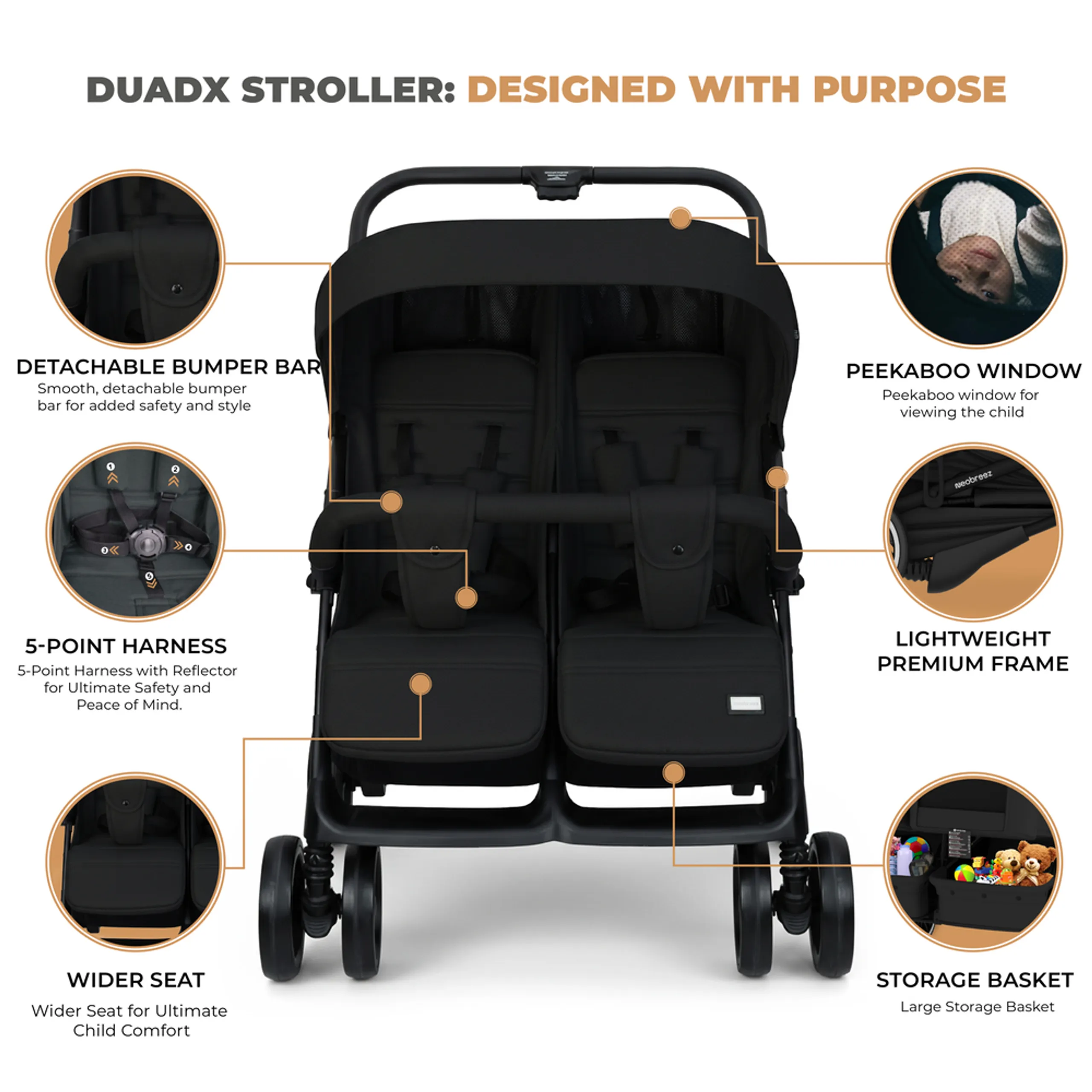 Neobreez - Duadx Double Stroller Twin Stroller - Black