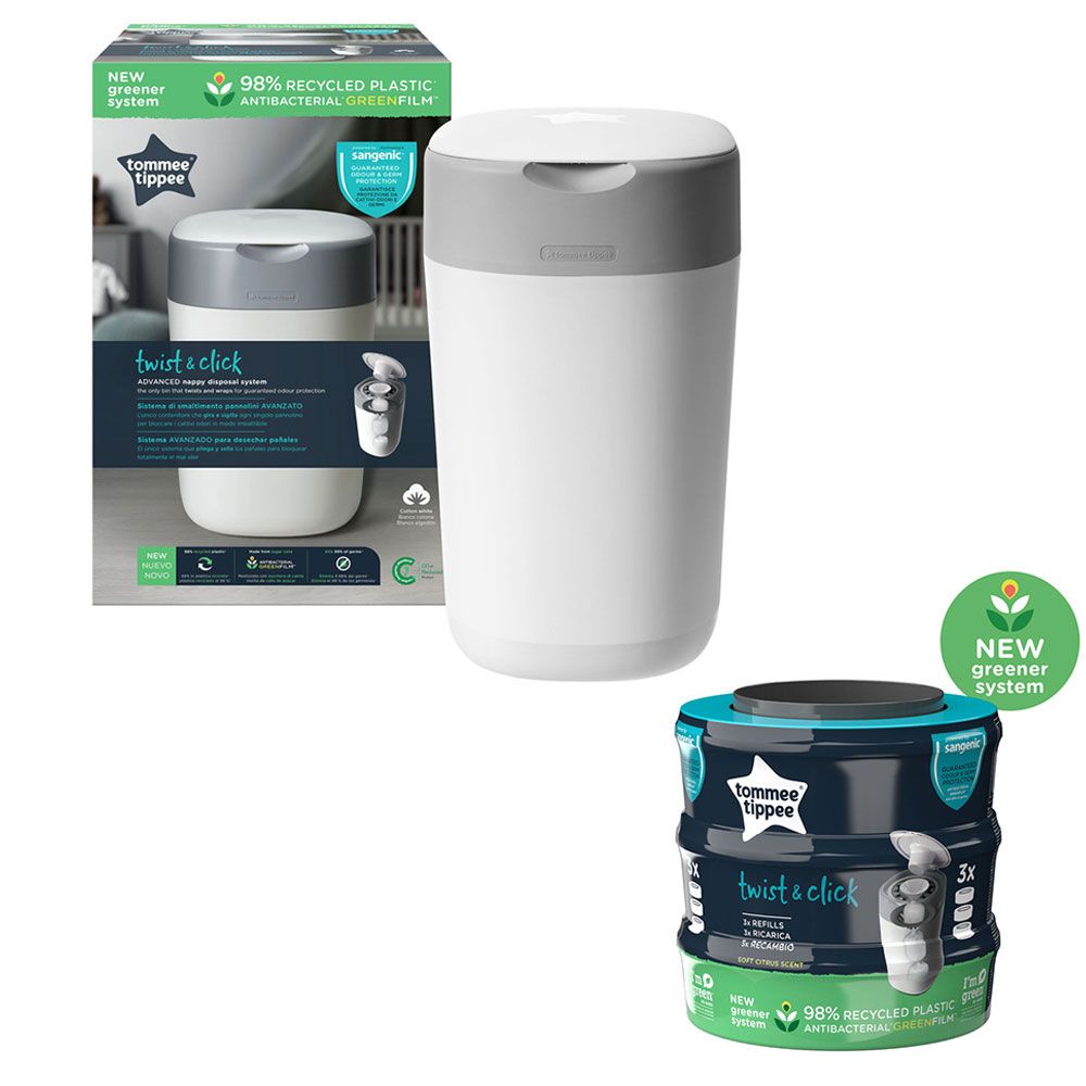 Tommee Tippee - Twist and Click Advanced Nappy Disposal Sangenic Tec  Refills Pack of 12 with Sustainably Sourced Antibacterial GREENFILM