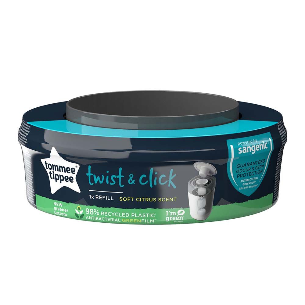 Tommee Tippee Contenedor de pañales Twist & Click Advanced con 4 cassettes  Greenfilm antibacteriano azul 