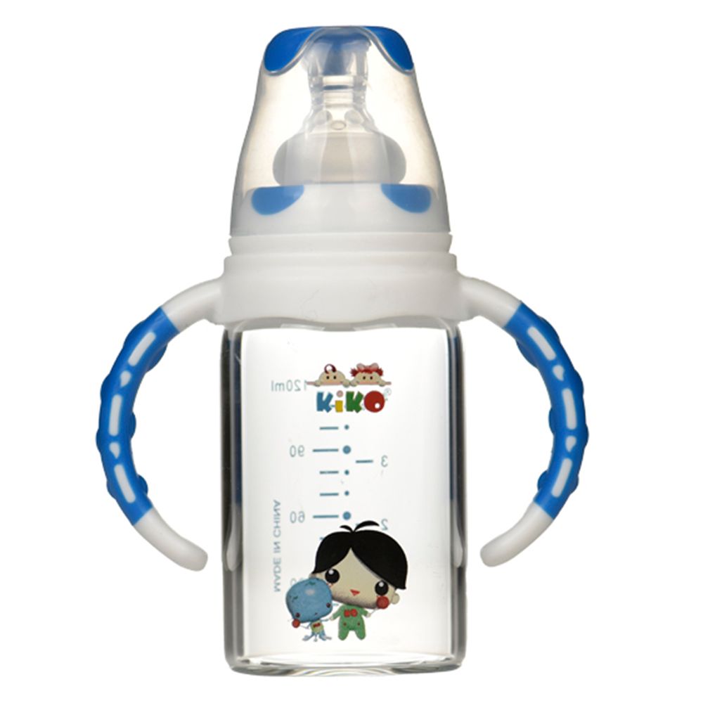 Kiko - Glass Feeding Bottle With Handle - Blue - 120 ml