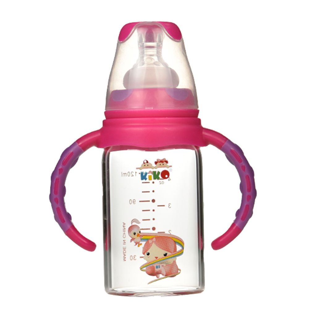 Kiko - Glass Feeding Bottle With Handle - Pink - 120 ml