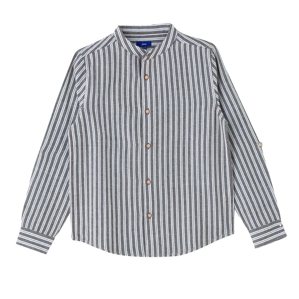 Jam - Boys' Vertical Striped Cotton Shirt With Mandarin Collar - Grey/White