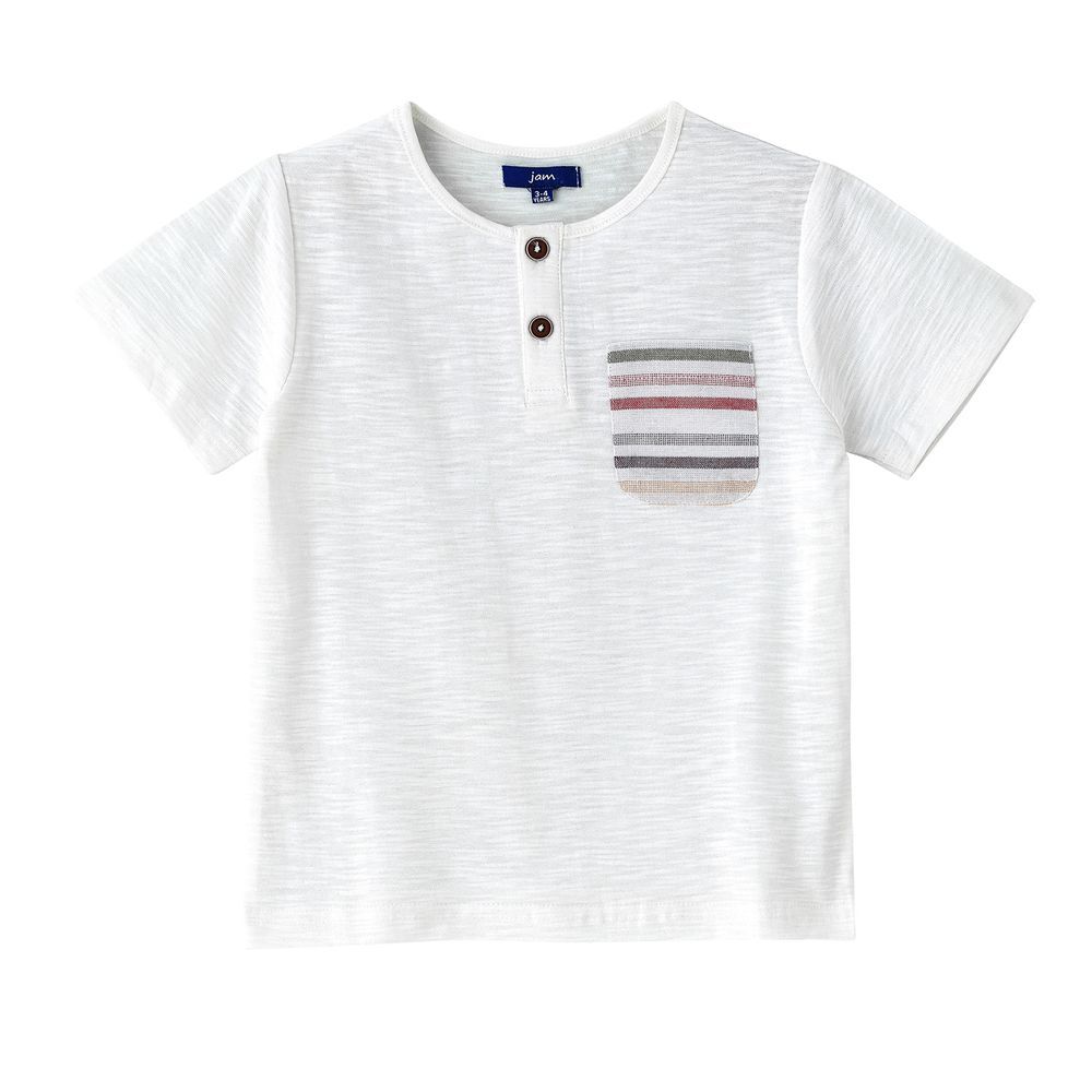 Jam - Boys' Slub Cotton Henley T-Shirt With Striped Pocket - White